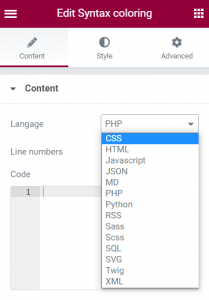 Syntax highlighter – Elementor Addon Components
