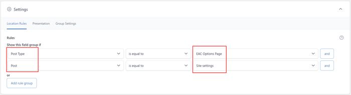 ACF Options Page rules