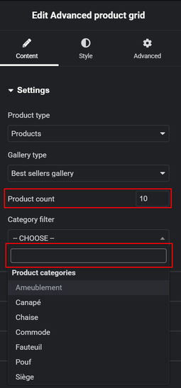 Advanced product grid select category filter