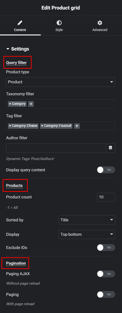 Product grid settings section